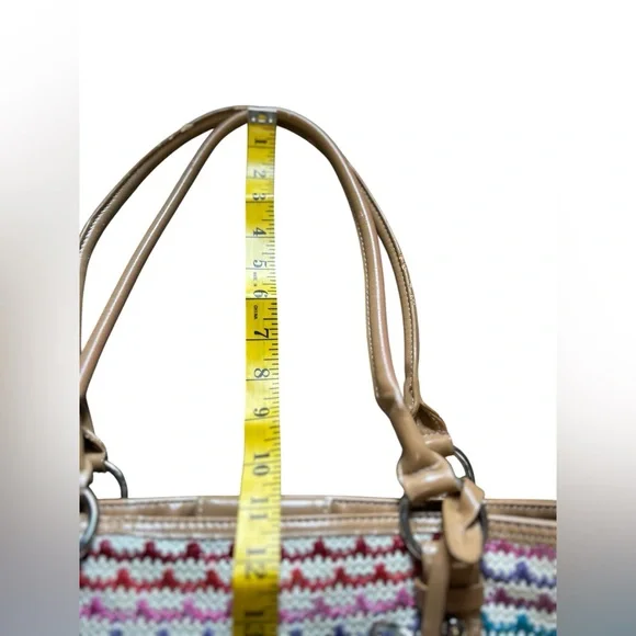 Woven Multicolor Straw Tote Bag Tan Faux Leather Handles Shoulder Purse - Picture 15 of 16